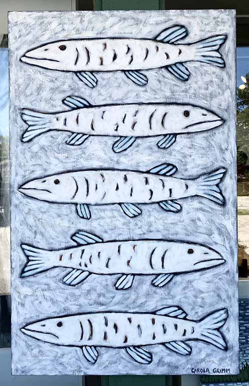 Marvellous Musky painting featuring 5 fish facing opposite ways (left/right) stacked in a column. Blue and white accents.
